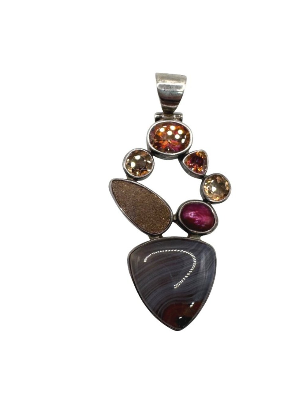 Starborn Signed Banded Agate Sterling Silver Pendant Multi-Stone Garnet & Druzy